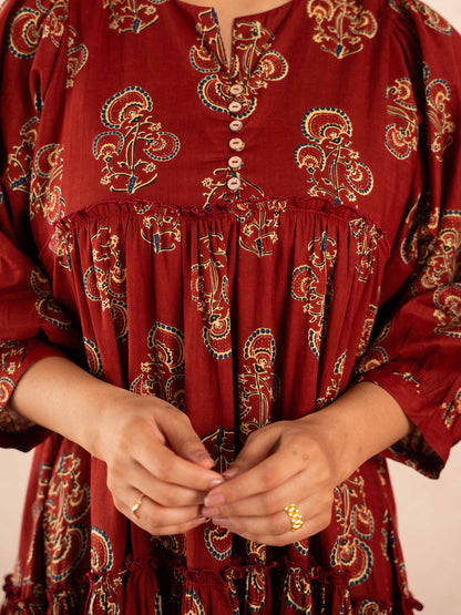 Maroon Paisley Print Tiered Cotton Dress