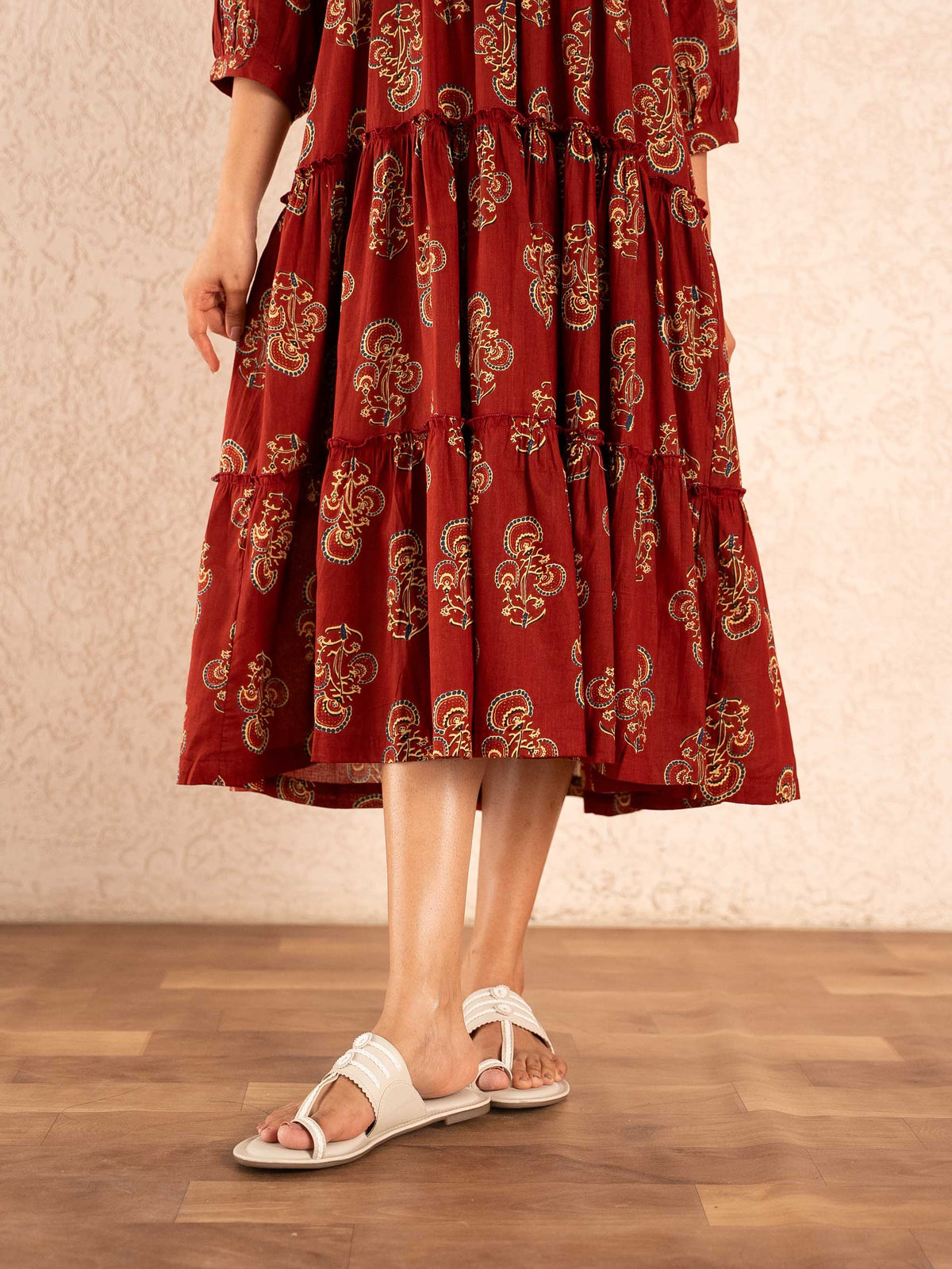 Maroon Paisley Print Tiered Cotton Dress