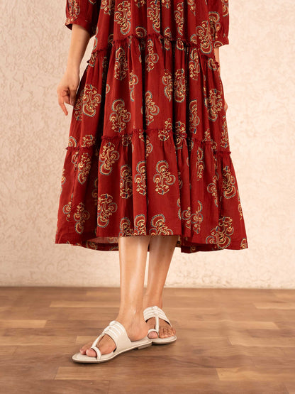 Maroon Paisley Print Tiered Cotton Dress