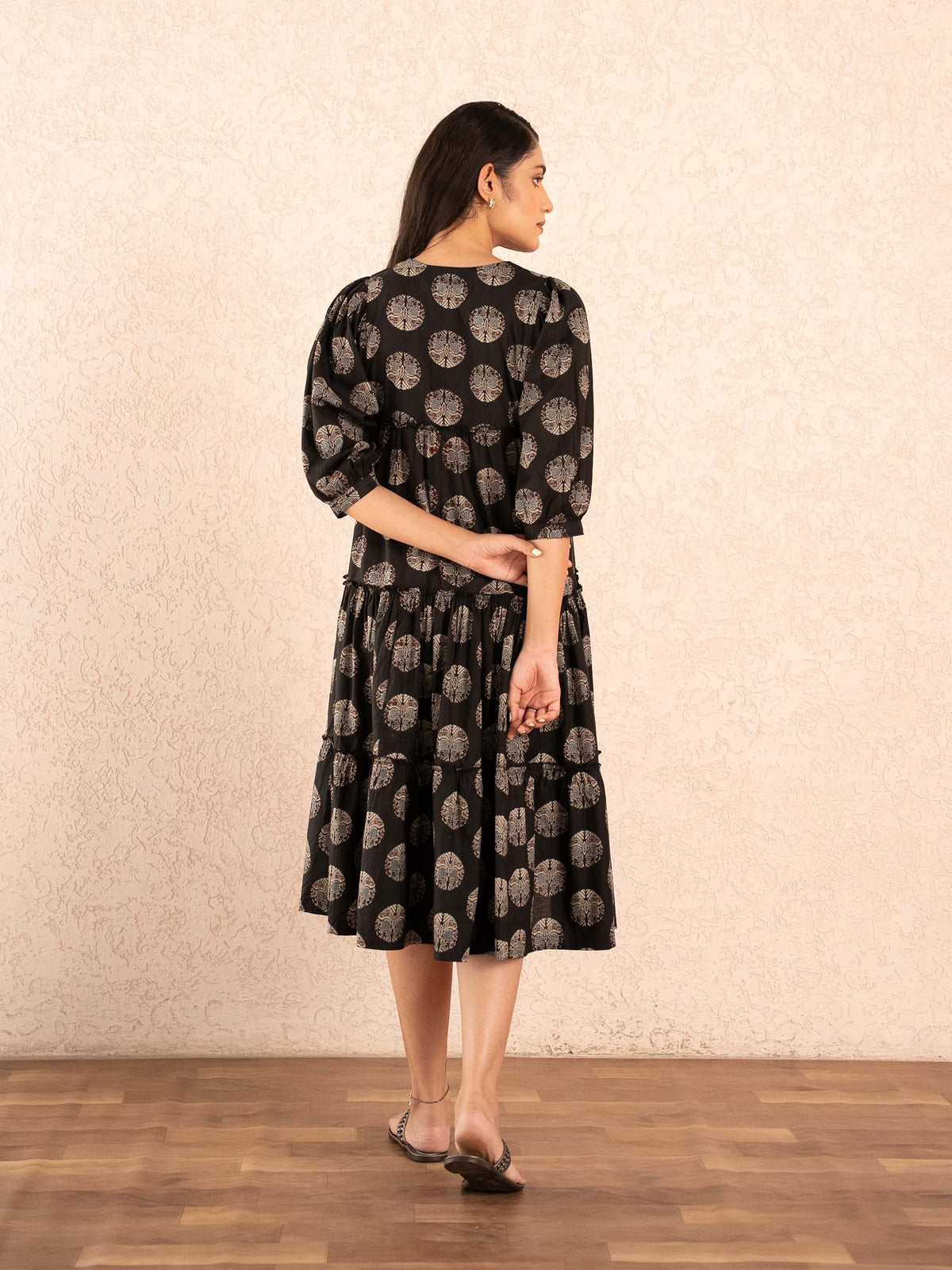 Black Medallion Print Tiered Cotton Dress