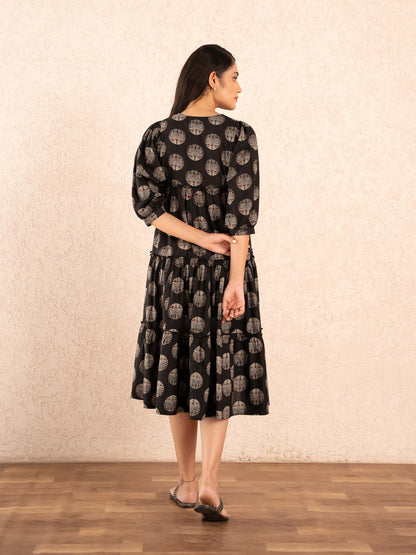 Black Medallion Print Tiered Cotton Dress