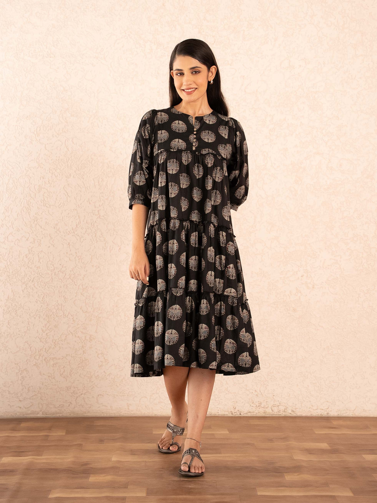 Black Medallion Print Tiered Cotton Dress