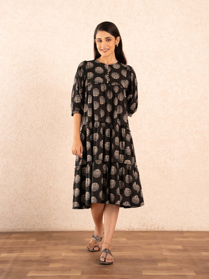 Black Medallion Print Tiered Cotton Dress