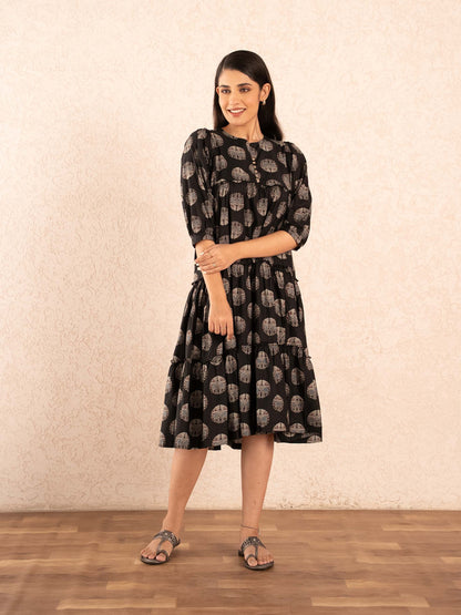 Black Medallion Print Tiered Cotton Dress