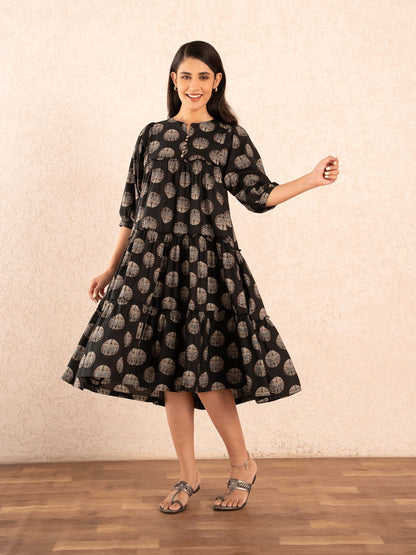 Black Medallion Print Tiered Cotton Dress
