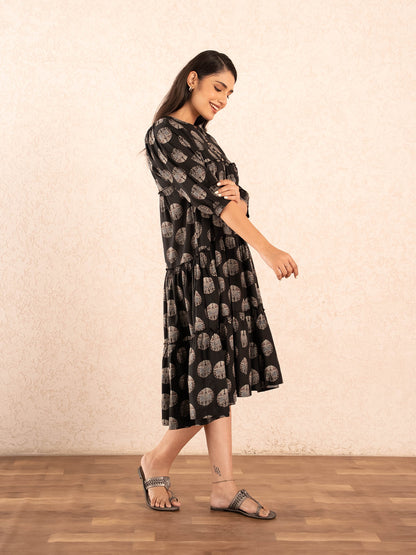 Black Medallion Print Tiered Cotton Dress