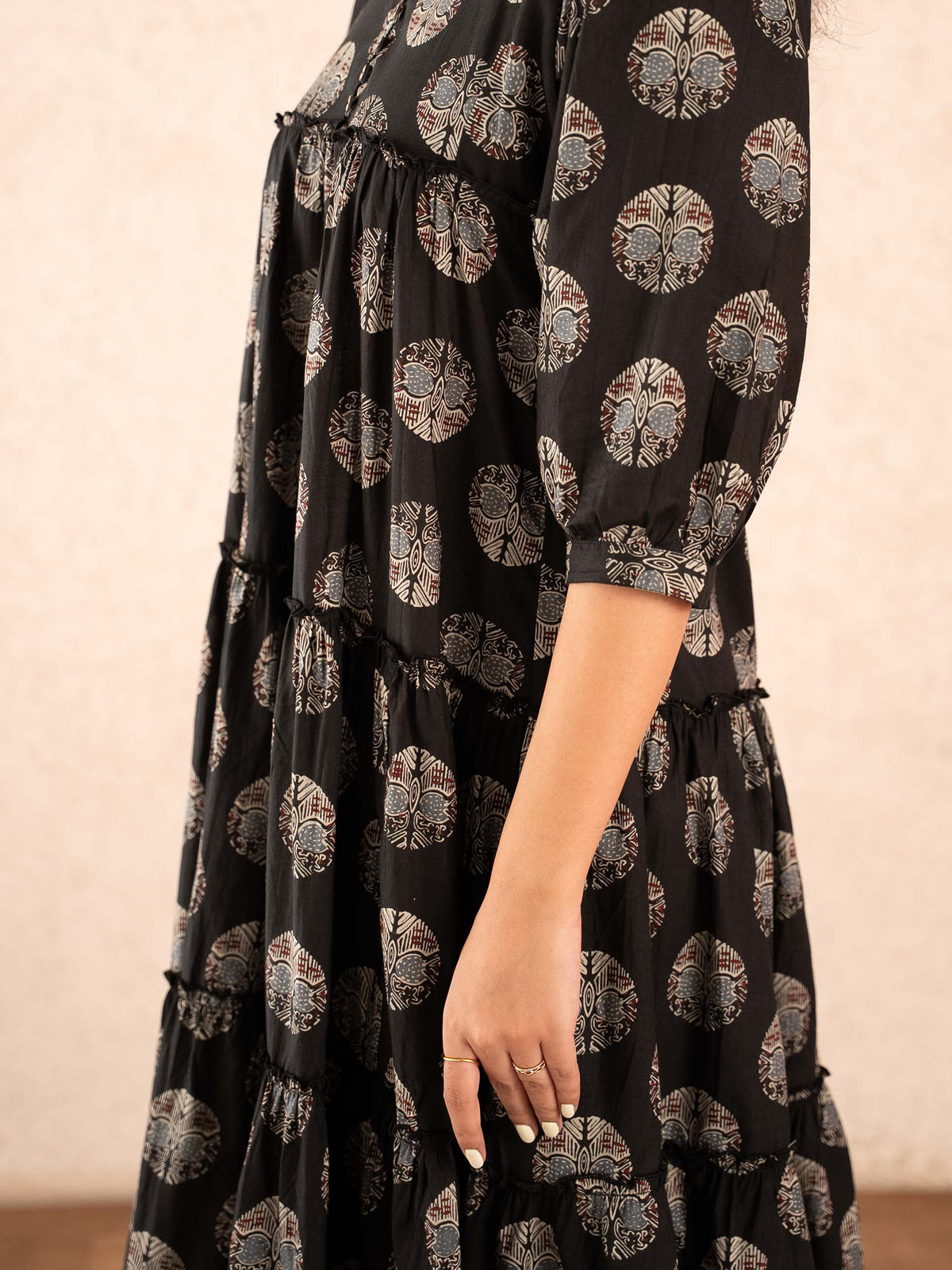 Black Medallion Print Tiered Cotton Dress