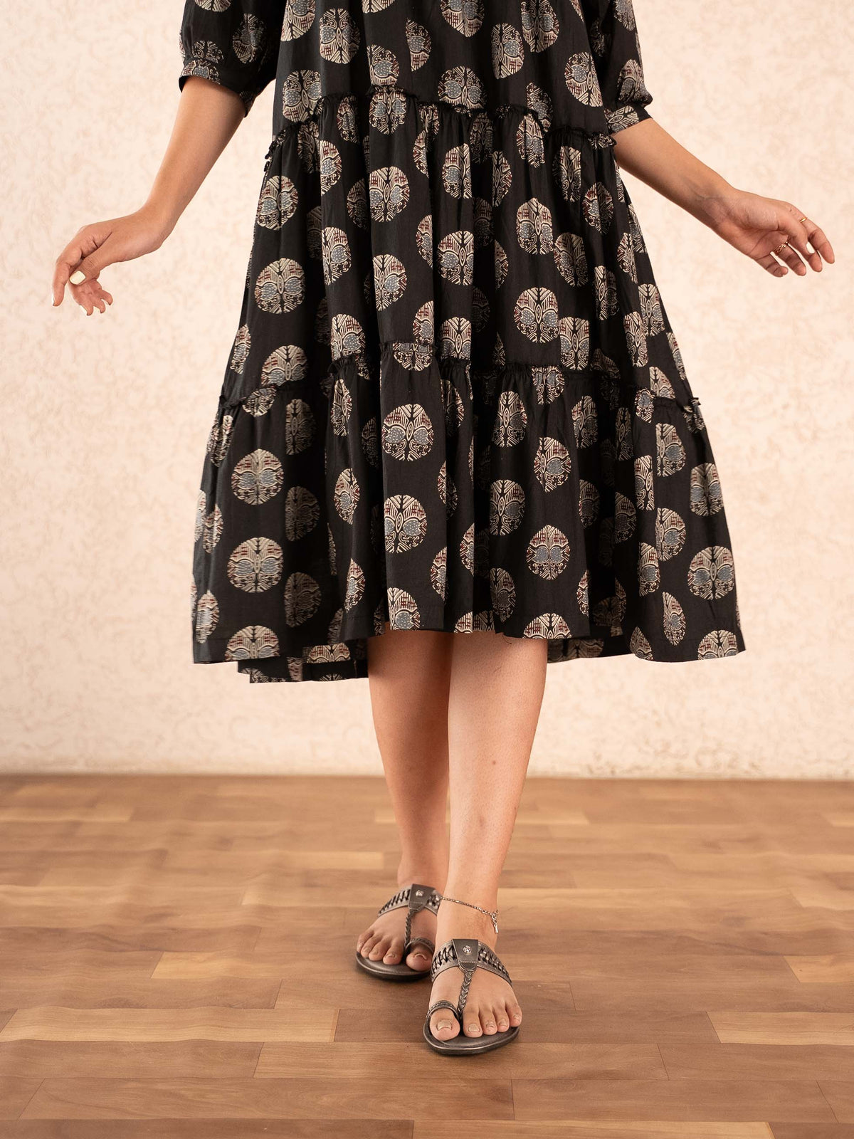 Black Medallion Print Tiered Cotton Dress