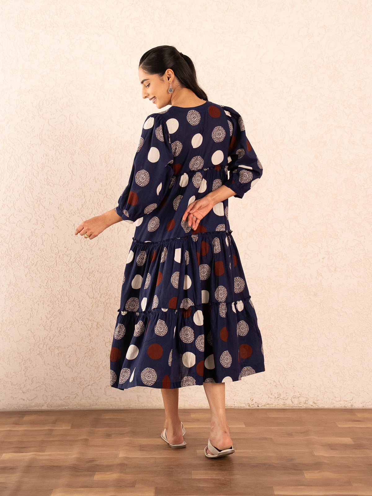Navy Blue Polka Dot Print Tiered Cotton Dress