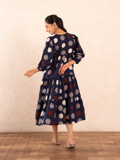 Navy Blue Polka Dot Print Tiered Cotton Dress