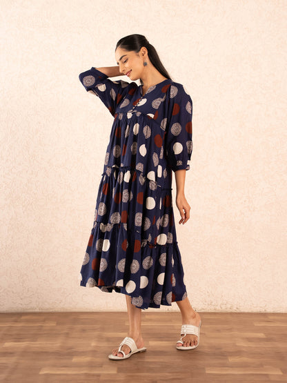 Navy Blue Polka Dot Print Tiered Cotton Dress