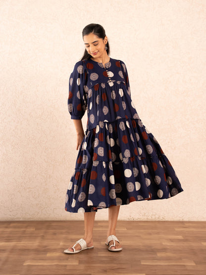 Navy Blue Polka Dot Print Tiered Cotton Dress