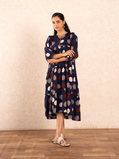 Navy Blue Polka Dot Print Tiered Cotton Dress