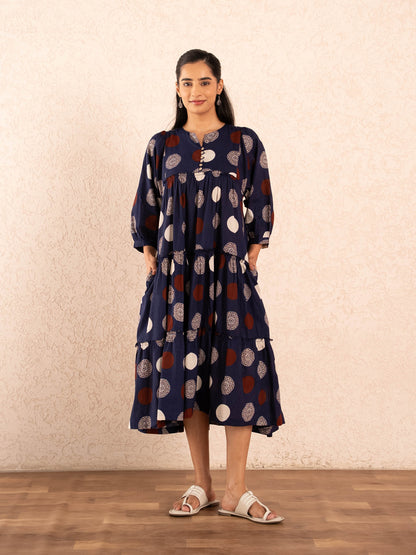 Navy Blue Polka Dot Print Tiered Cotton Dress