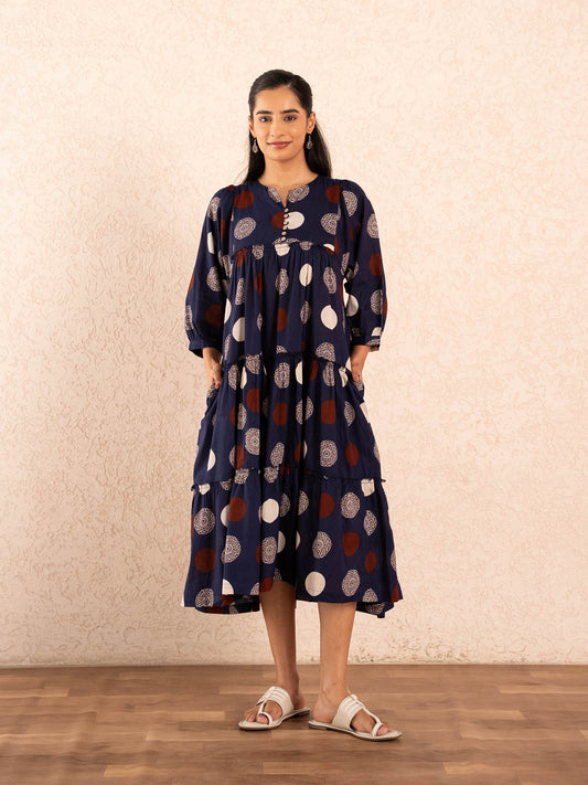 Navy Blue Polka Dot Print Tiered Cotton Dress