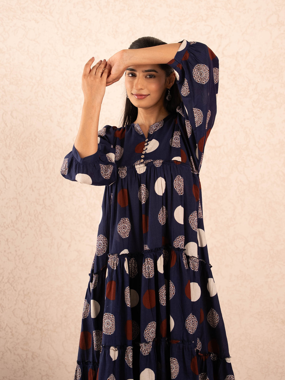 Navy Blue Polka Dot Print Tiered Cotton Dress