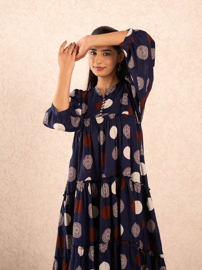 Navy Blue Polka Dot Print Tiered Cotton Dress