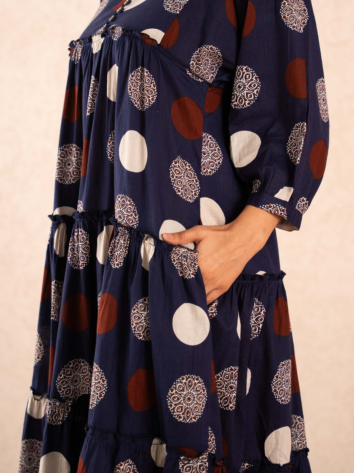 Navy Blue Polka Dot Print Tiered Cotton Dress
