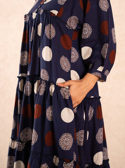 Navy Blue Polka Dot Print Tiered Cotton Dress