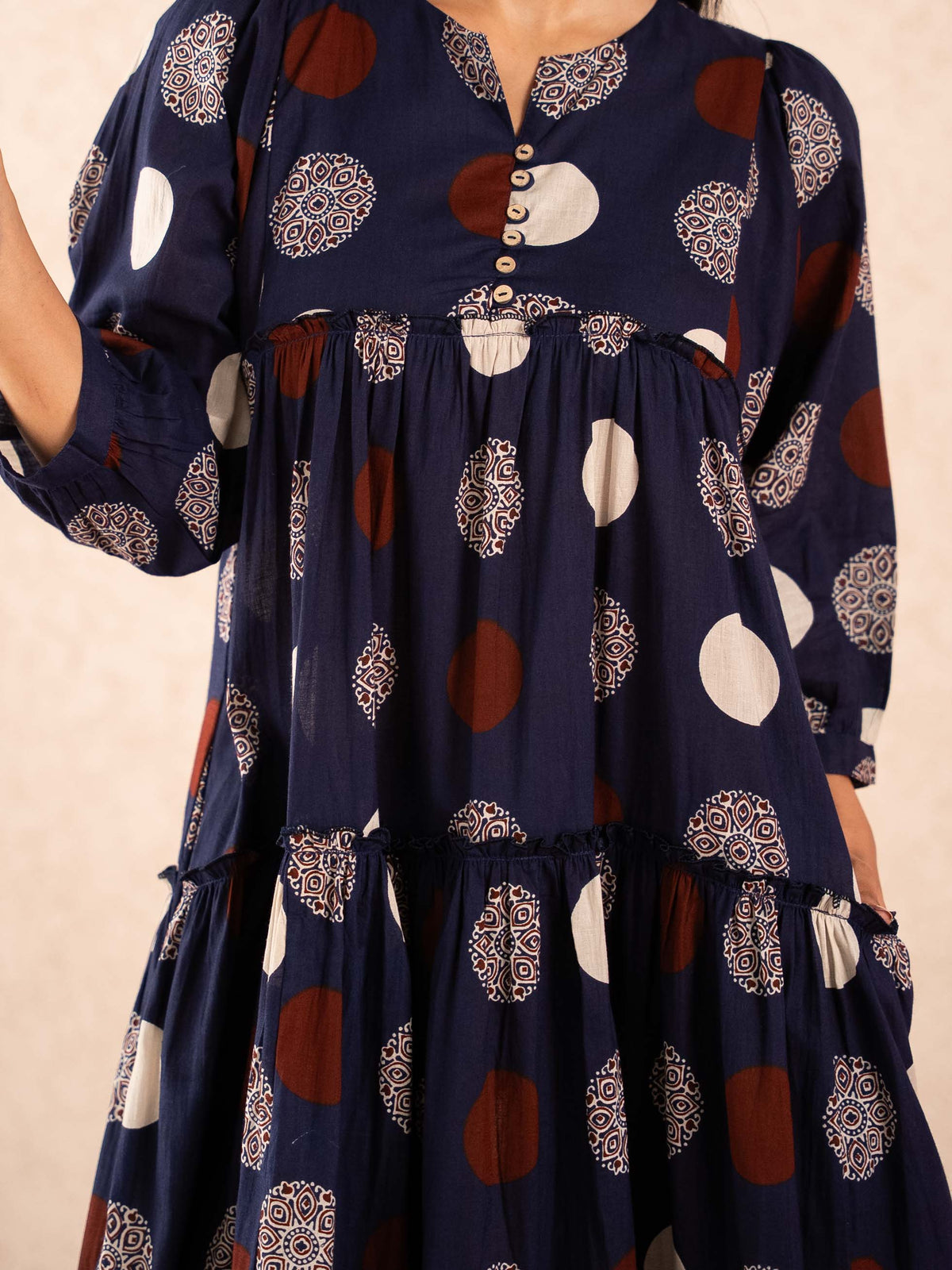 Navy Blue Polka Dot Print Tiered Cotton Dress