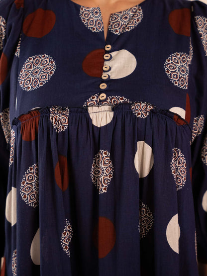 Navy Blue Polka Dot Print Tiered Cotton Dress