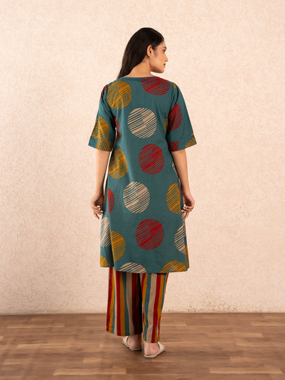 Teal Textured Polka Dot Kurta with Striped Palazzo Set