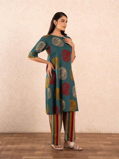 Teal Textured Polka Dot Kurta with Striped Palazzo Set
