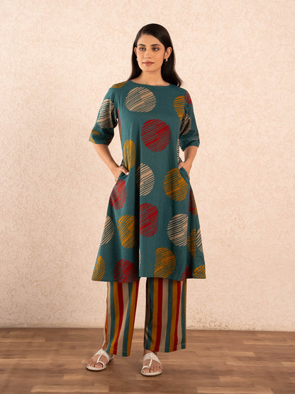 Teal Textured Polka Dot Kurta with Striped Palazzo Set