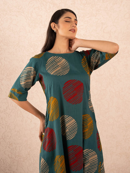 Teal Textured Polka Dot Kurta with Striped Palazzo Set