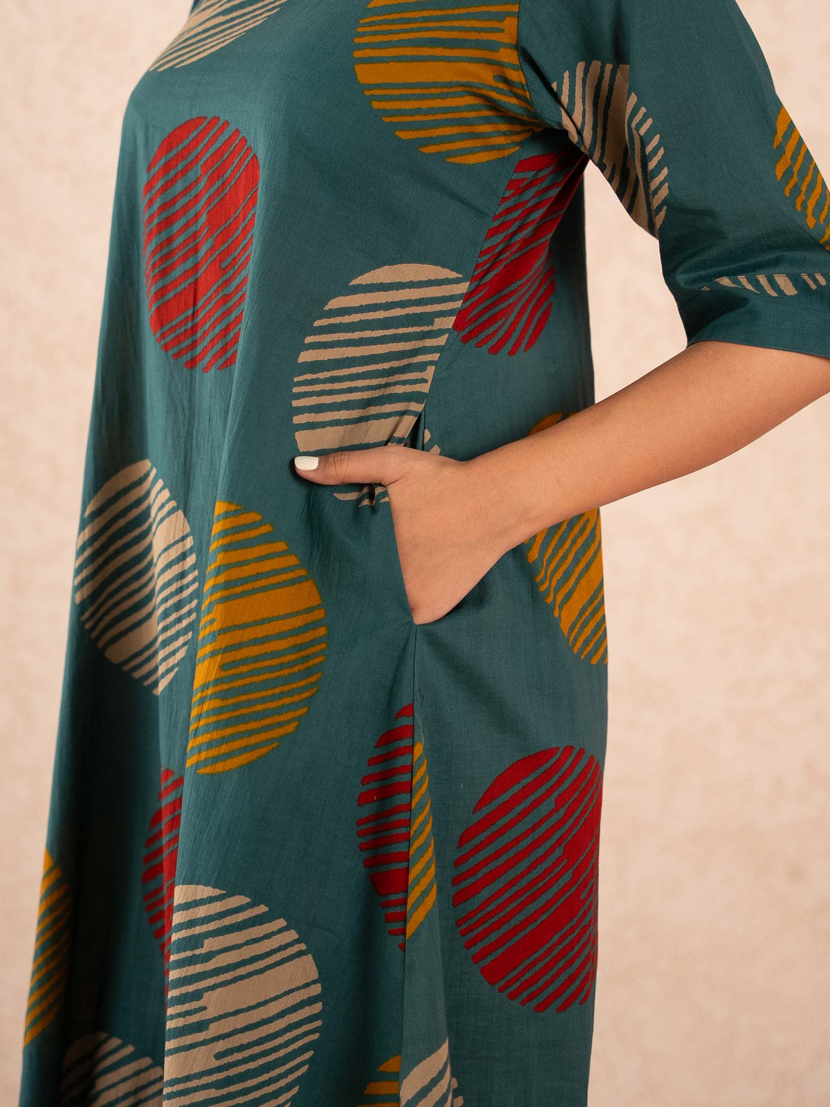 Teal Textured Polka Dot Kurta with Striped Palazzo Set