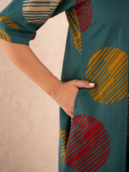 Teal Textured Polka Dot Kurta with Striped Palazzo Set