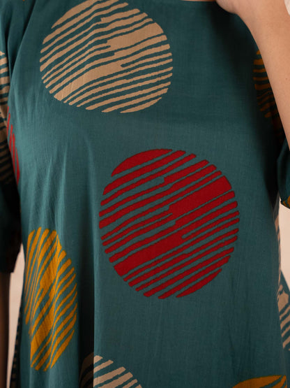 Teal Textured Polka Dot Kurta with Striped Palazzo Set