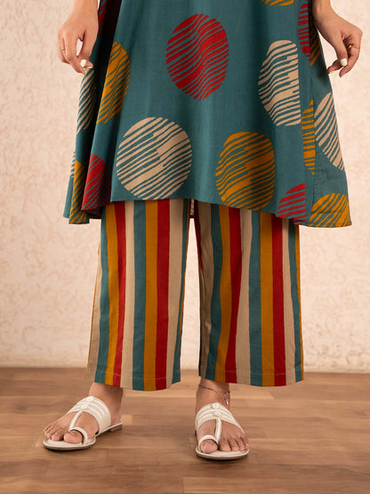 Teal Textured Polka Dot Kurta with Striped Palazzo Set