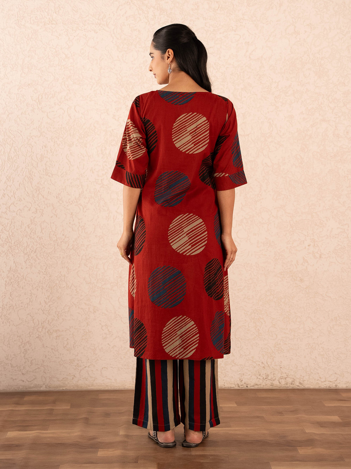 Rust Red Textured Polka Dot Kurta with Striped Palazzo Set