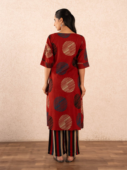 Rust Red Textured Polka Dot Kurta with Striped Palazzo Set