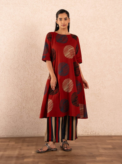 Rust Red Textured Polka Dot Kurta with Striped Palazzo Set