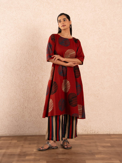 Rust Red Textured Polka Dot Kurta with Striped Palazzo Set