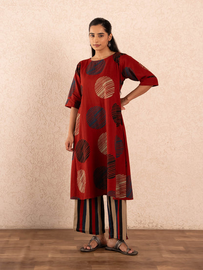 Rust Red Textured Polka Dot Kurta with Striped Palazzo Set