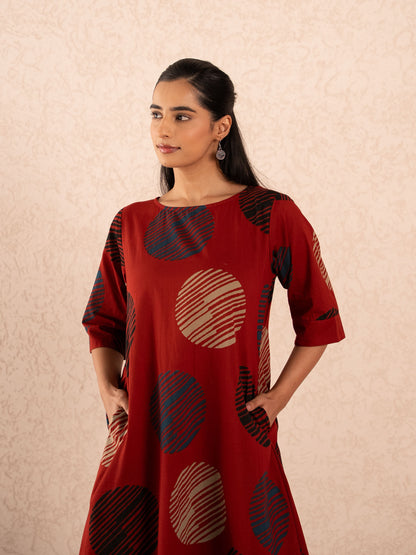 Rust Red Textured Polka Dot Kurta with Striped Palazzo Set
