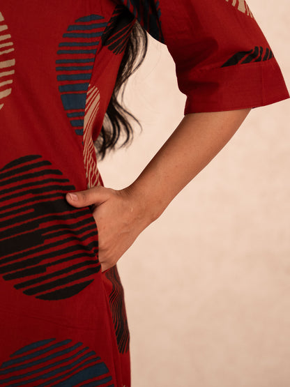 Rust Red Textured Polka Dot Kurta with Striped Palazzo Set