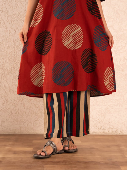 Rust Red Textured Polka Dot Kurta with Striped Palazzo Set