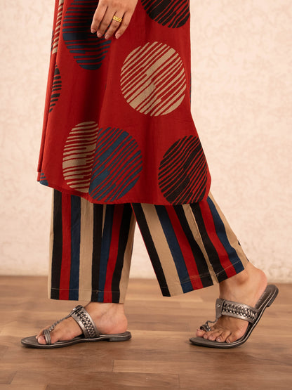 Rust Red Textured Polka Dot Kurta with Striped Palazzo Set