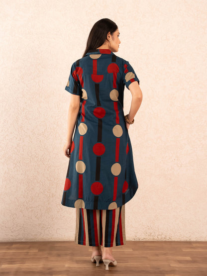 Navy Blue Polka Dot & Stripe Print Kurta with Palazzos Set