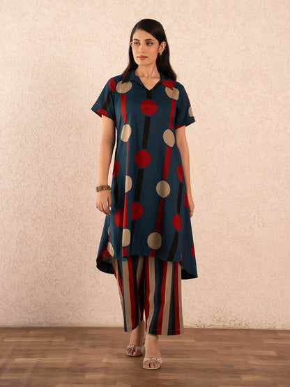 Navy Blue Polka Dot & Stripe Print Kurta with Palazzos Set