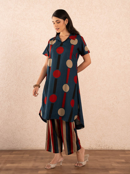 Navy Blue Polka Dot & Stripe Print Kurta with Palazzos Set