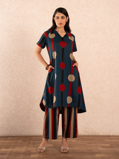 Navy Blue Polka Dot & Stripe Print Kurta with Palazzos Set