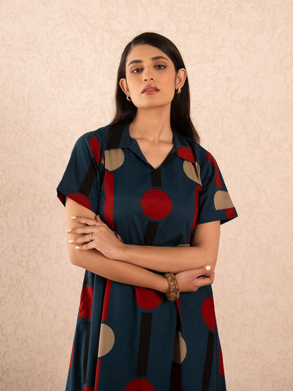 Navy Blue Polka Dot & Stripe Print Kurta with Palazzos Set