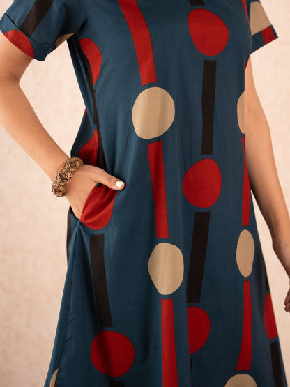 Navy Blue Polka Dot & Stripe Print Kurta with Palazzos Set