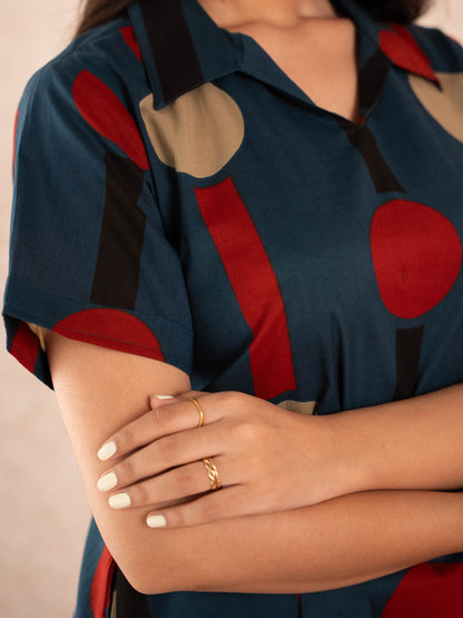 Navy Blue Polka Dot & Stripe Print Kurta with Palazzos Set
