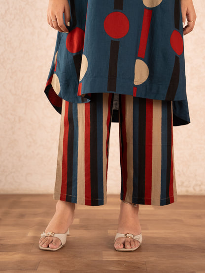 Navy Blue Polka Dot & Stripe Print Kurta with Palazzos Set